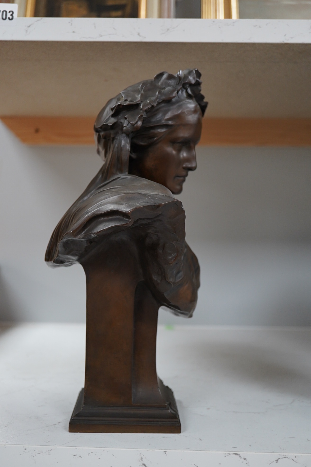 After Gustave Michel (French, 1851-1924), an Art Nouveau bronze bust, ‘La Pensee’, 32cm high. Condition - good